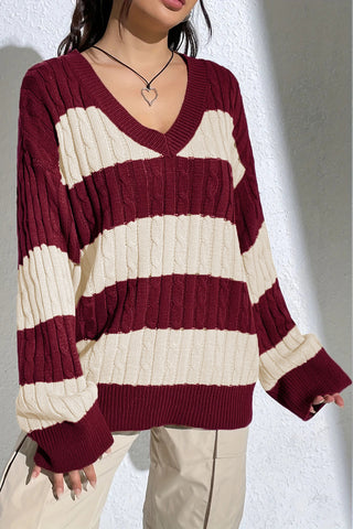 Striped V-Neck Cable Sweater