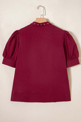 Embellished V Neck Puff Sleeve Blouse