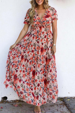 Floral Frilled V Neck Short Sleeve Maxi Dress