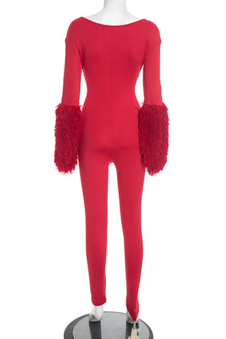 Cutout Long-Sleeve Jumpsuit with Fluffy Cuffs