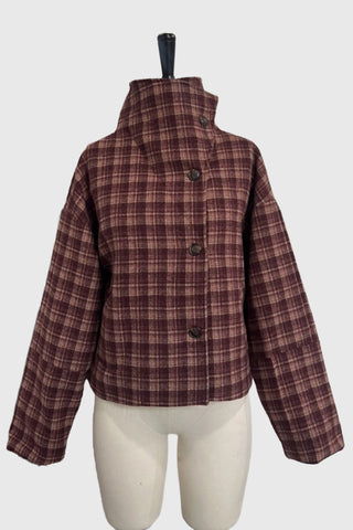 High-Neck Buttoned Plaid Jacket