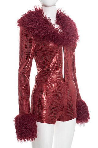 Faux Fur Collar Crocodile-Print Short Set