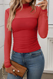 Sheer Long-Sleeve Mock Neck Blouse