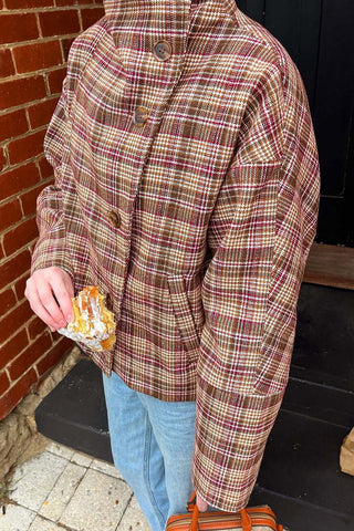 High-Neck Buttoned Plaid Jacket