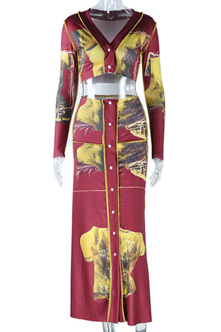 Button-Front Skirt Set with Graphic Print