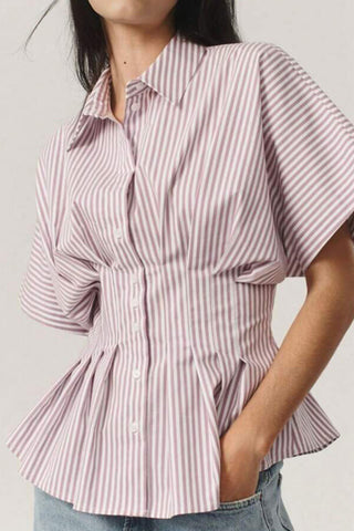 Striped Button-Up T-Shirt with Wide Sleeves