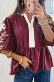 Color Block Patchwork V Neck Puff Sleeve Blouse