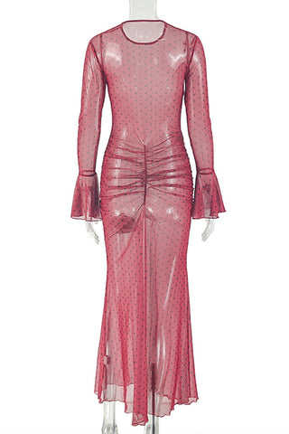 Sheer Ruched Polka Dot Bodycon Dress
