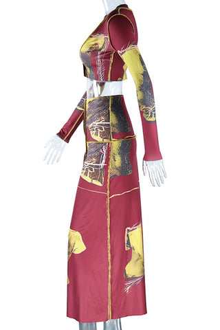 Button-Front Skirt Set with Graphic Print