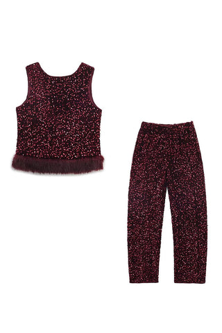 Fur Trim Top & Sequin Pants Set