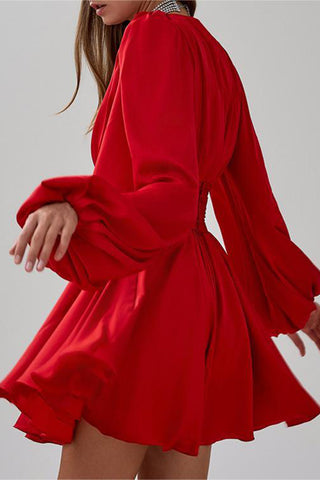 Long Sleeve V-Neck Pleated Dress
