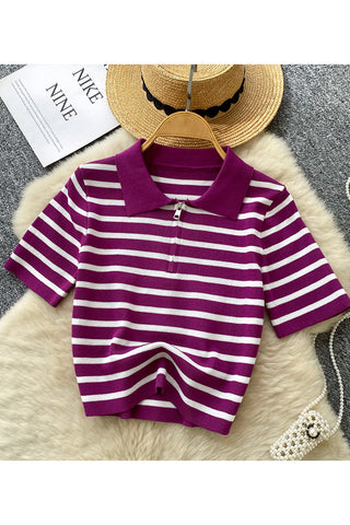 Striped Polo T-Shirt with Zip Detail