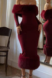 Off-Shoulder Fur Trim Evening Dress