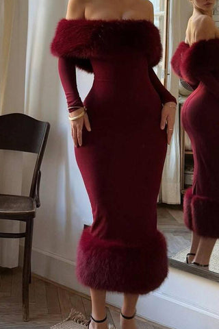Off-Shoulder Fur Trim Evening Dress