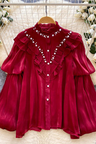 Pearl-Trimmed Ruffle Blouse