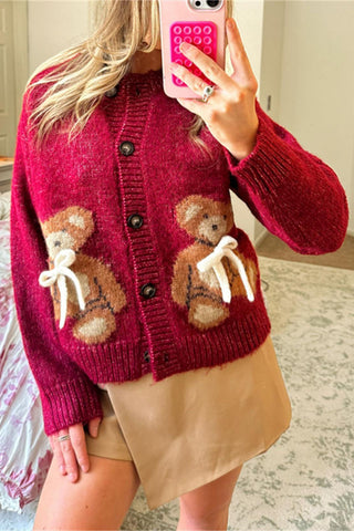 Bear-Pattern Button Cardigan