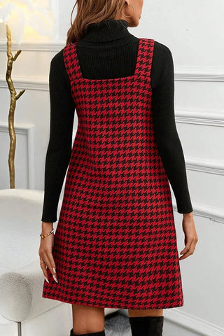 Houndstooth V Neck Sleeveless Mini Dress