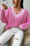 V-Neck Contrast Trim Striped Sweater