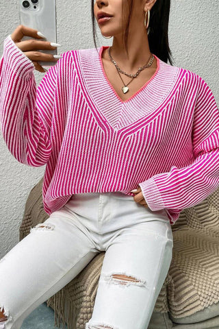V-Neck Contrast Trim Striped Sweater