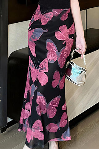 Butterfly Print Casual Midi Skirt
