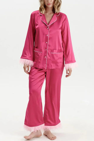 Feather Trim Button-Up Loungewear Set