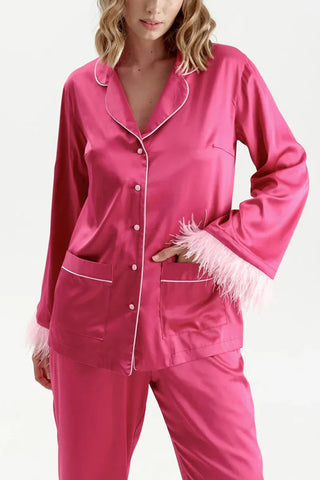 Feather Trim Button-Up Loungewear Set
