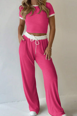 Ribbed Contrast Trim Pants Set