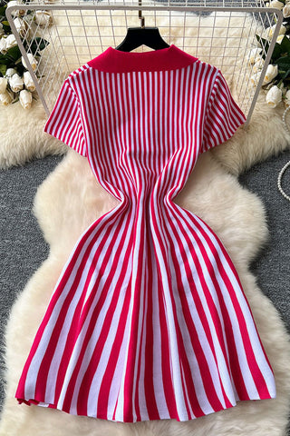 Polo Neck Striped Casual Mini Dress