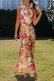 Abstract Floral Halter Maxi Dress