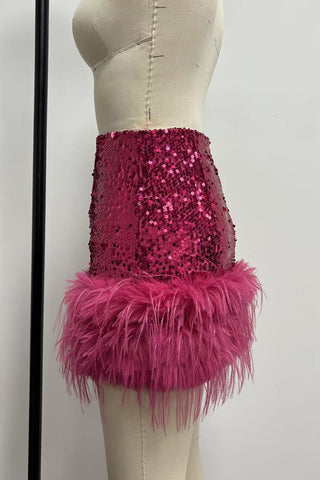 Feather Accent Sequin Mini Skirt