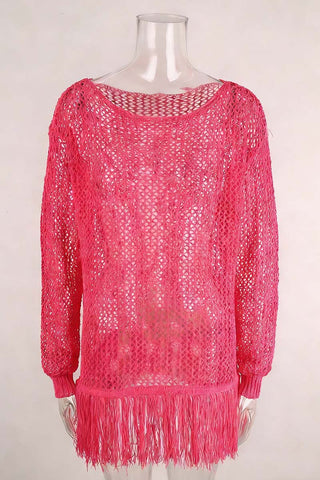 Off-Shoulder Mesh Fringe Cover-Up