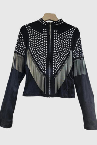 Studded Fringe Zip-Up Blazer