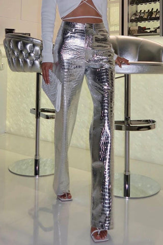 Glossy Crocodile-Pattern Casual Pants