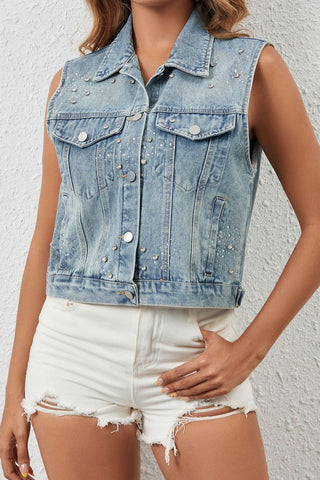 Pearl-Embellished Denim Vest