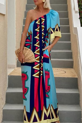 One-Shoulder Geometric Vacation Dress