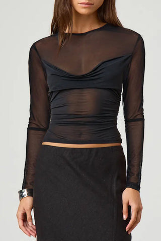 Sheer Long-Sleeve Blouse with Draped Front