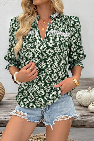 Geometric Print V-Neck Blouse