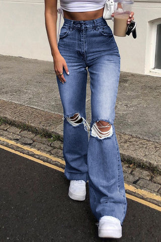High-Waist Distressed Casual Pants