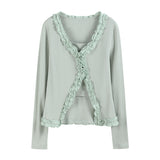 Feminine Ribbed Cardigan with Ruffled Edges