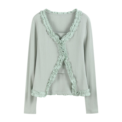 Feminine Ribbed Cardigan with Ruffled Edges