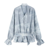 Pleated Long-Sleeve Blouse with Tie and Ruffled Hem