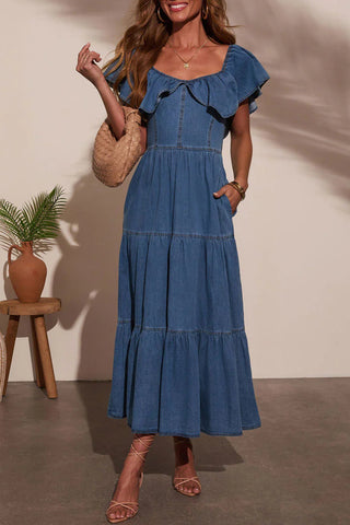 Ruffle-Trim Denim Midi Dress