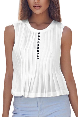 Sleeveless Pleated Blouse with Button Detail