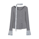 Ribbed Cardigan with Tie-Sleeve Detail