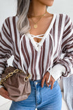 Striped Lace-Up V-Neck Sweater