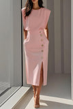 Button-Detail Slit Midi Dress