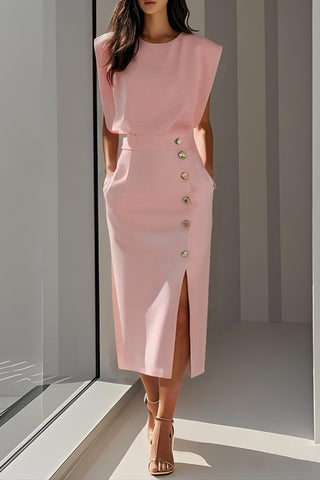 Button-Detail Slit Midi Dress