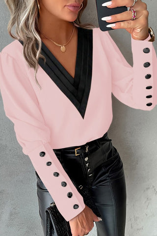 V-Neck Button Cuff Blouse
