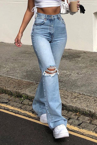 High-Waist Distressed Casual Pants