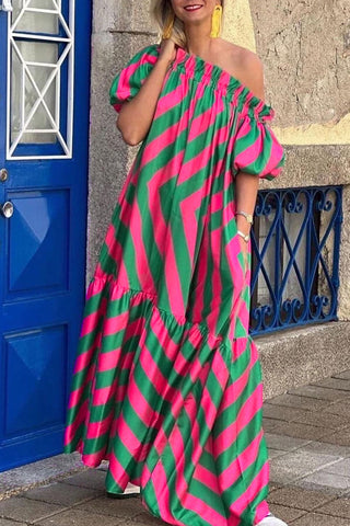Bold Striped Off-Shoulder Maxi Dress